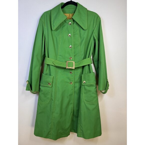 VTG 60s 70s Miss Gallery Belted Trench Swing Coat Gold Button Cuffs Green Sz L - Picture 1 of 16